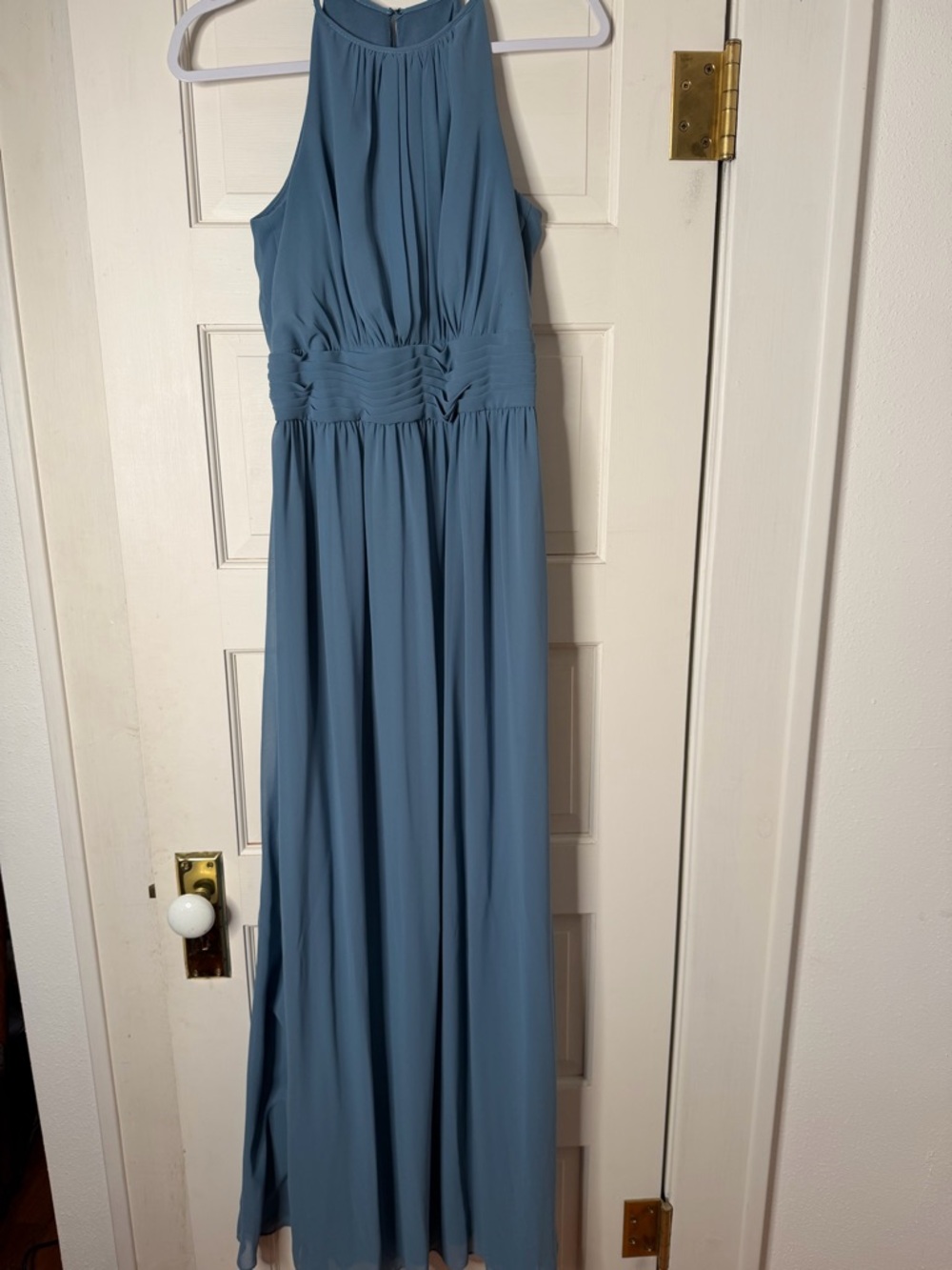 David’s Bridal Sleeveless Halter Maxi Dress in Dusty Blue